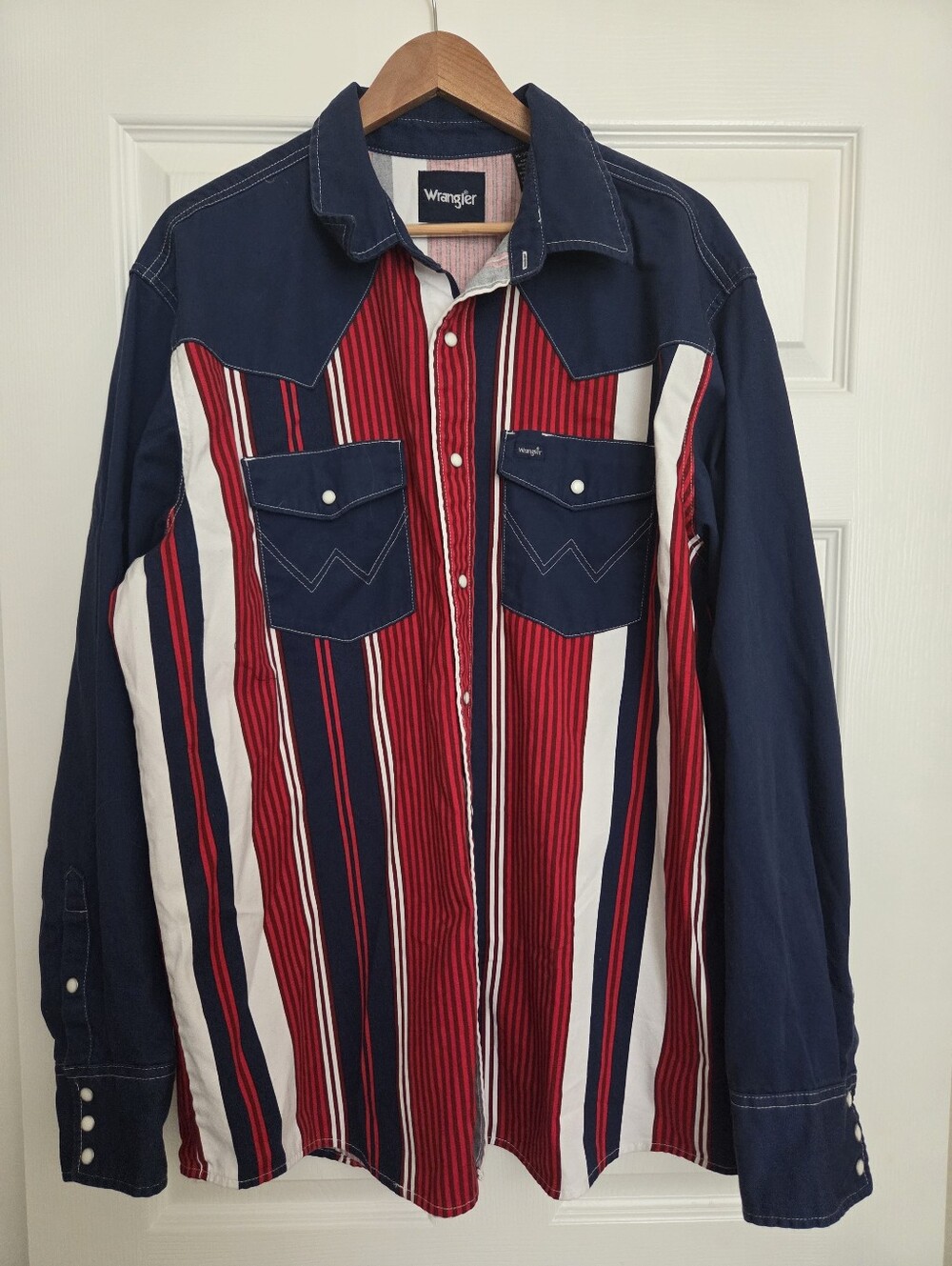 Wrangler Western Blue Star Pearl Snap Brush Popper Shirt XL Red White Blue Texas